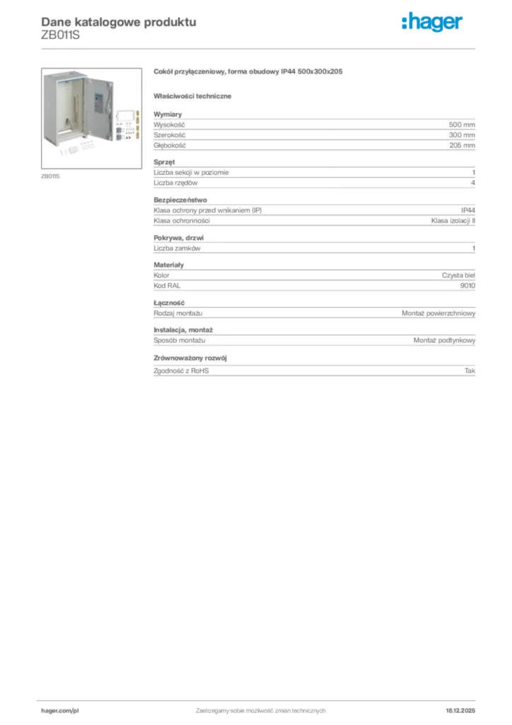 Zdjęcie Hager Karta katalogowa ZB011S | Hager Polska
