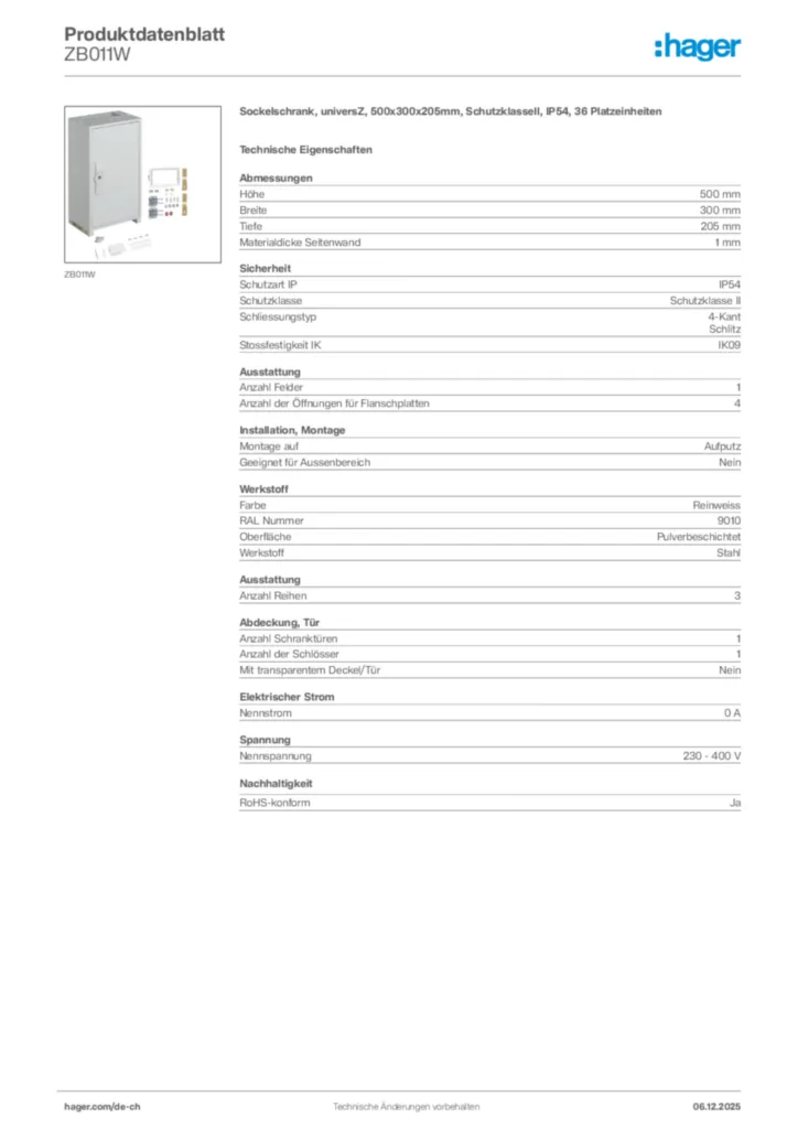 Bild Hager Produktdatenblatt ZB011W | Hager Schweiz
