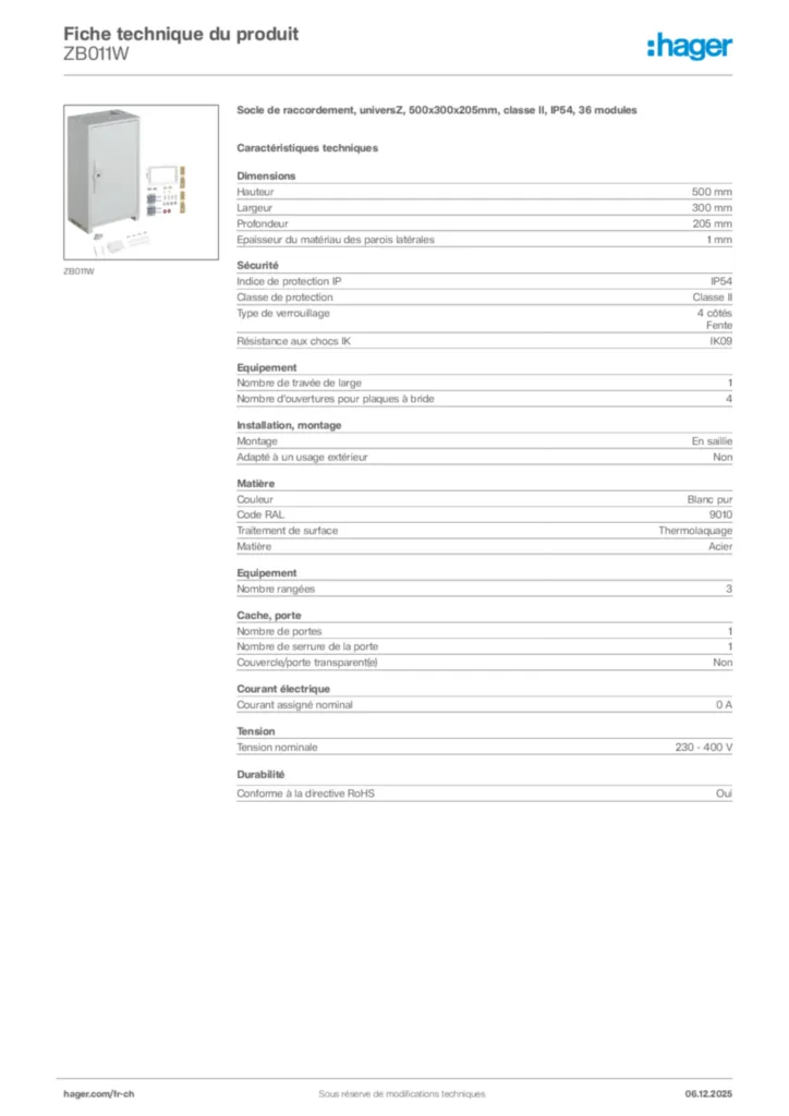 Image Hager Fiche technique du produit ZB011W | Hager Suisse