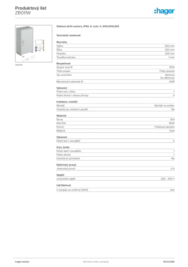 Obrázek Hager Product data sheet ZB011W | Hager