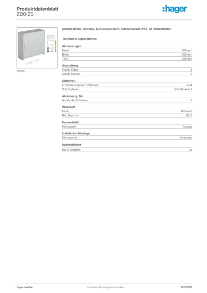 Bild Hager Produktdatenblatt ZB012S | Hager Deutschland
