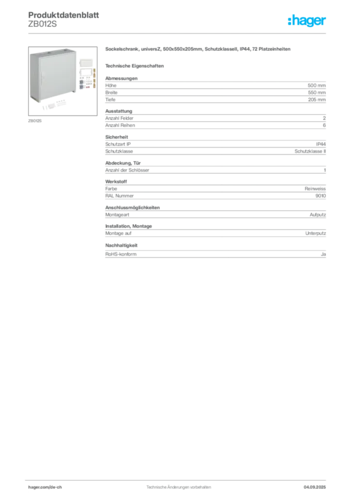 Bild Hager Produktdatenblatt ZB012S | Hager Schweiz