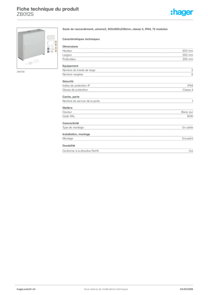 Image Hager Fiche technique du produit ZB012S | Hager Suisse