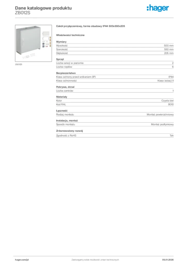 Zdjęcie Hager Karta katalogowa ZB012S | Hager Polska