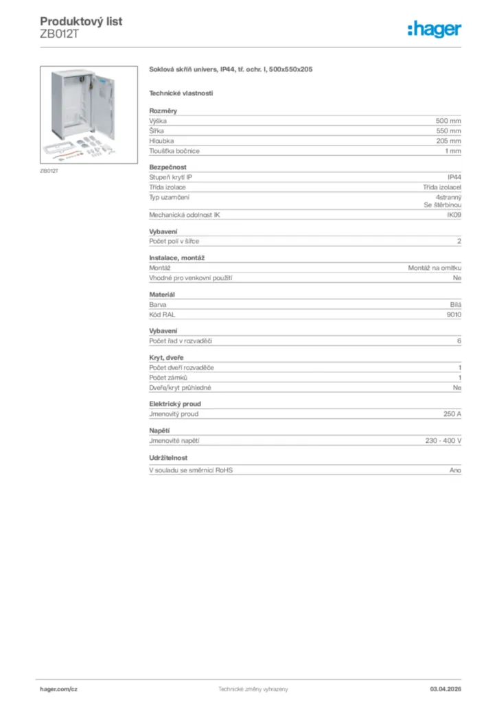 Obrázek Hager Product data sheet ZB012T | Hager