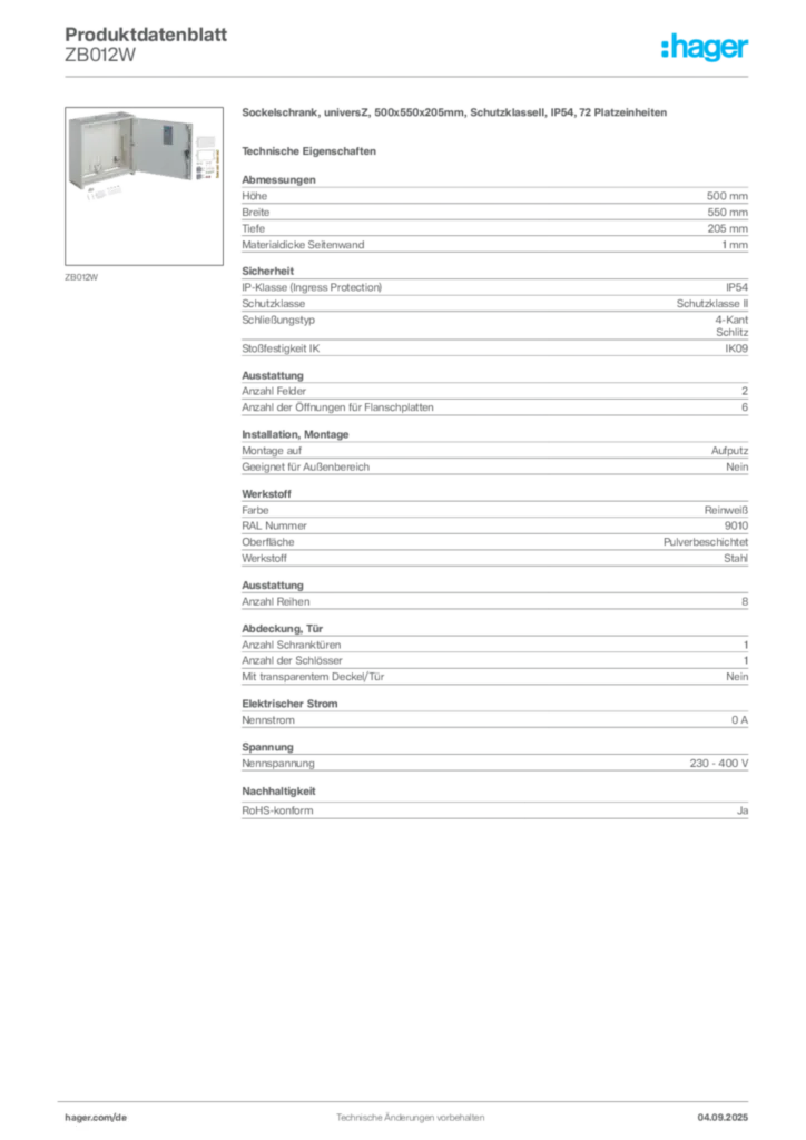 Bild Hager Produktdatenblatt ZB012W | Hager Deutschland