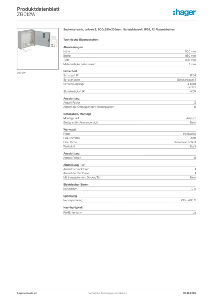 Bild Hager Produktdatenblatt ZB012W | Hager Schweiz
