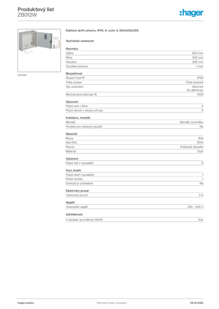 Obrázek Hager Produktový list ZB012W | Hager