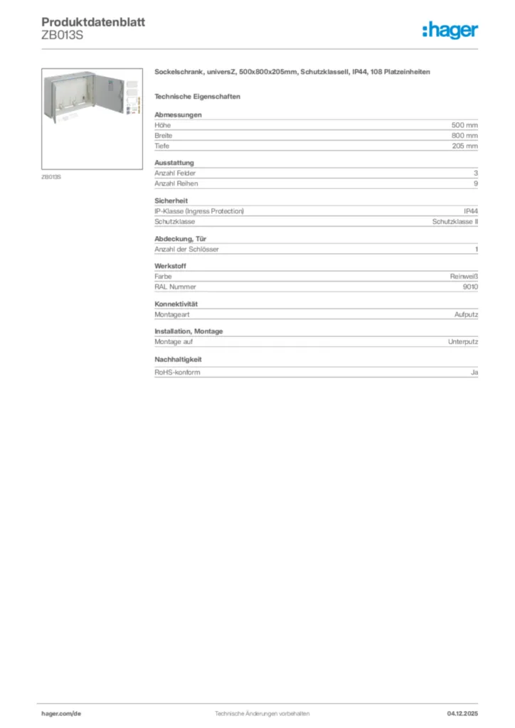 Hager Produktdatenblatt ZB013S