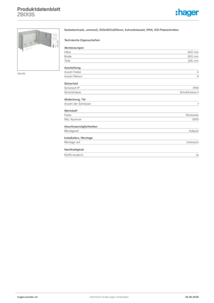 Bild Hager Produktdatenblatt ZB013S | Hager Schweiz