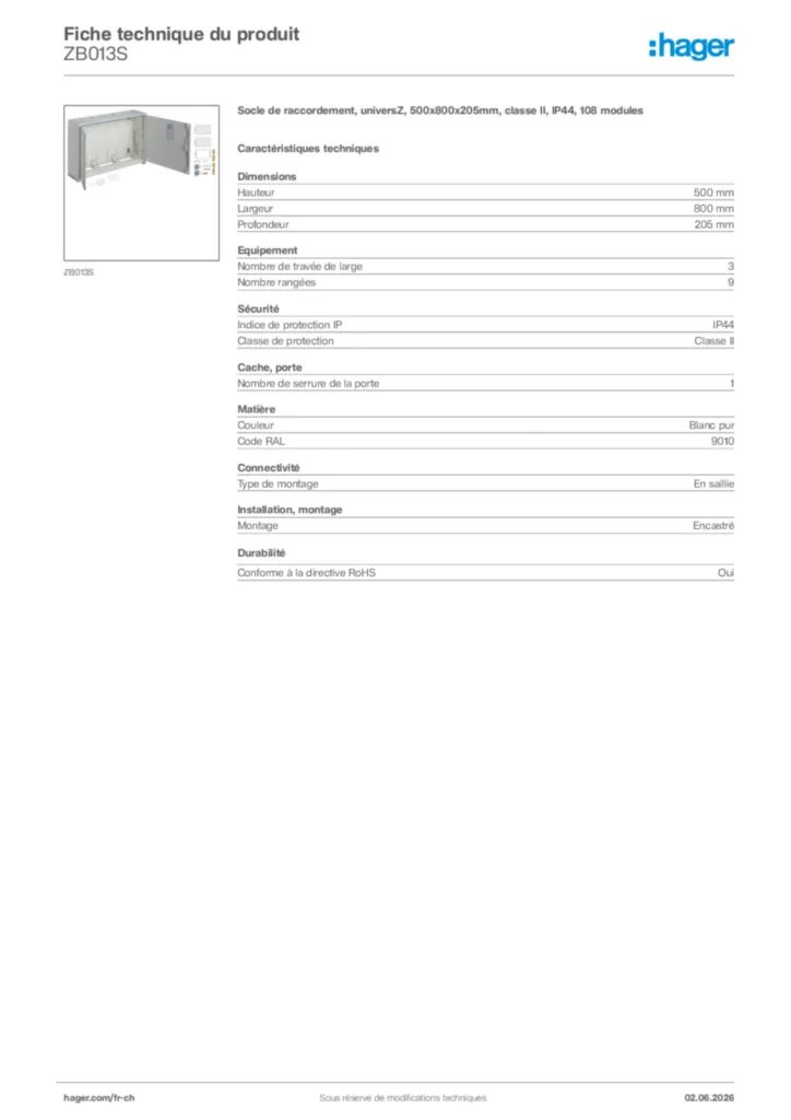 Image Hager Fiche technique du produit ZB013S | Hager Suisse