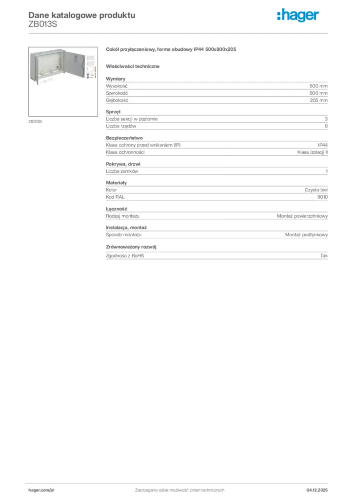 Zdjęcie Hager Dane katalogowe produktu ZB013S | Hager Polska