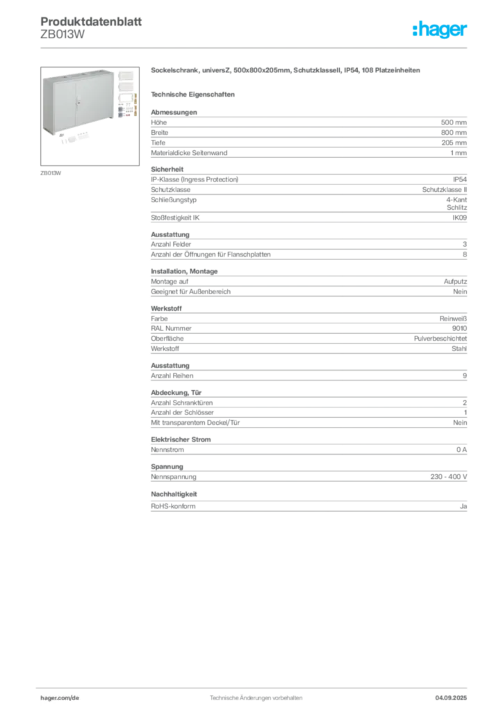 Bild Hager Produktdatenblatt ZB013W | Hager Deutschland