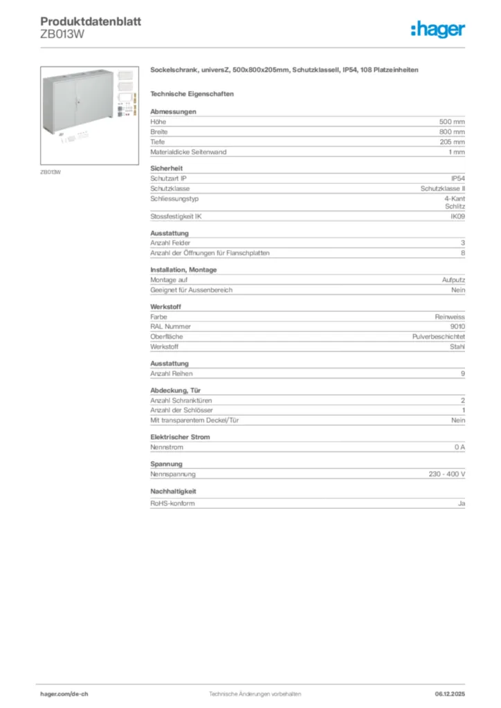 Bild Hager Produktdatenblatt ZB013W | Hager Schweiz