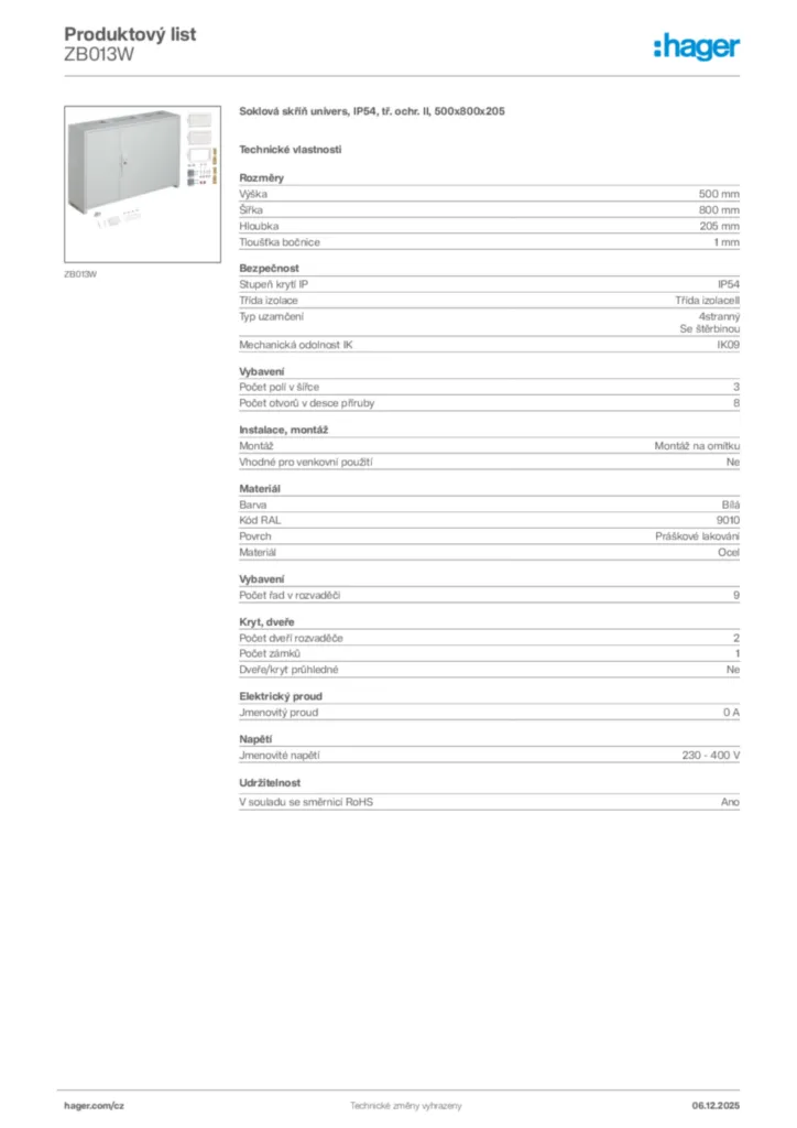 Obrázek Hager Product data sheet ZB013W | Hager