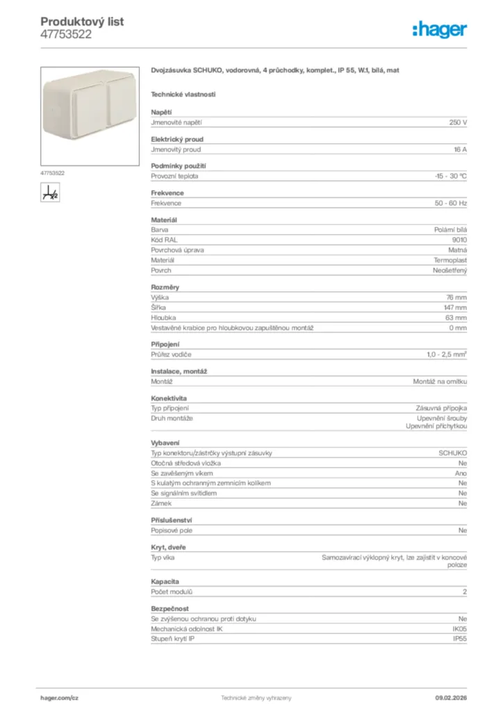 Obrázek Hager Product data sheet 47753522 | Hager