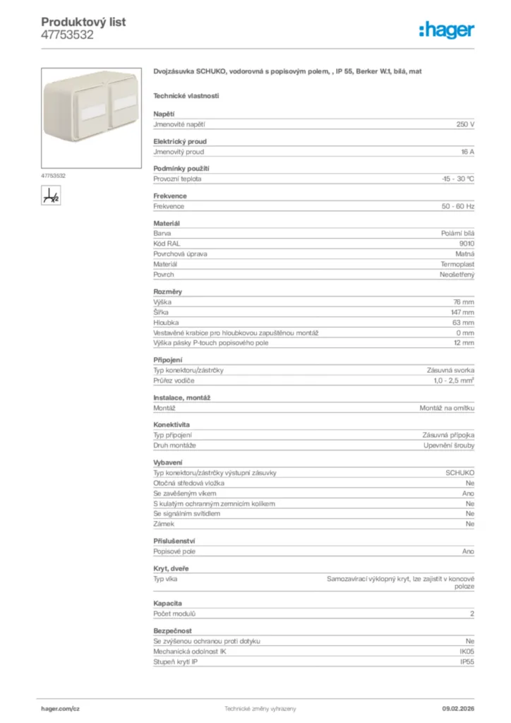 Obrázek Hager Product data sheet 47753532 | Hager