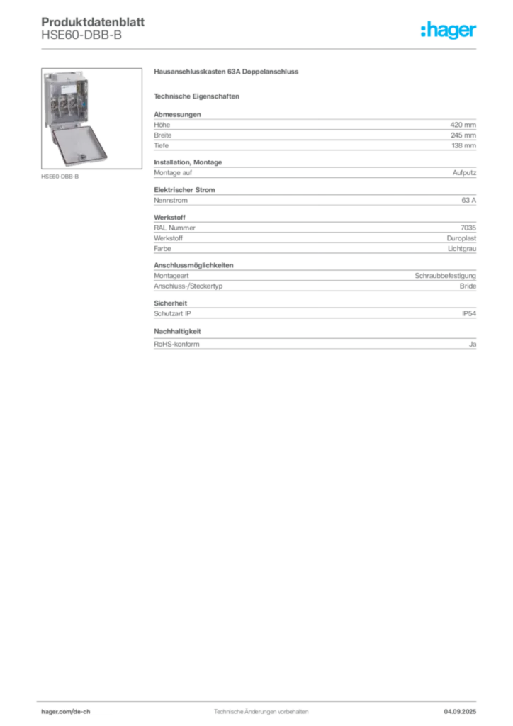 Bild Hager Produktdatenblatt HSE60-DBB-B | Hager Schweiz