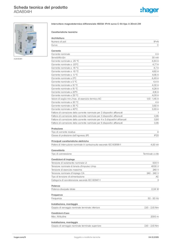 Immagine Hager Scheda tecnica del prodotto ADA804H | Hager Italia
