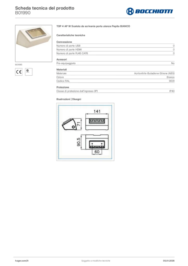 Immagine Bocchiotti Scheda tecnica del prodotto B01990 | Hager Italia