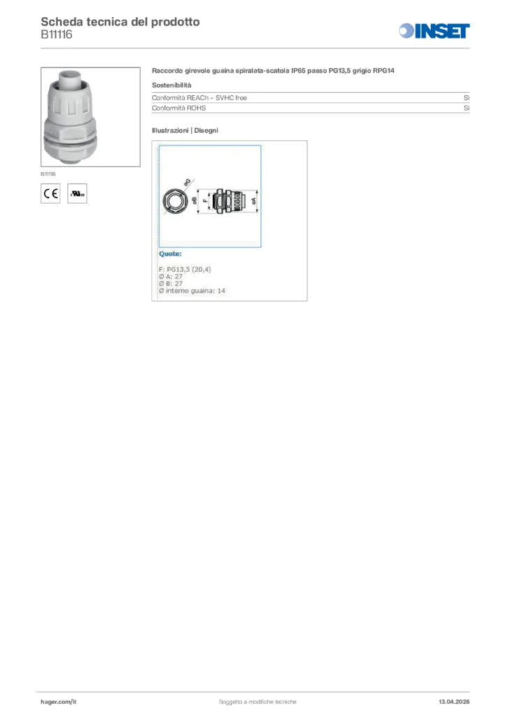 Immagine Inset Scheda tecnica del prodotto B11116 | Hager Italia