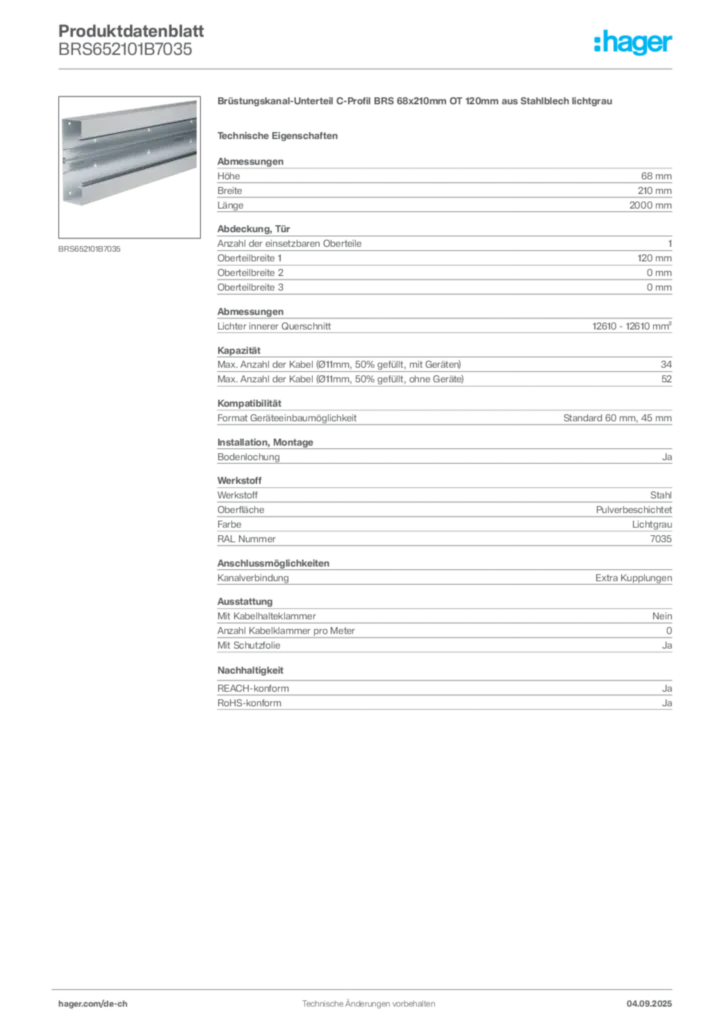 Bild Hager Produktdatenblatt BRS652101B7035 | Hager Schweiz