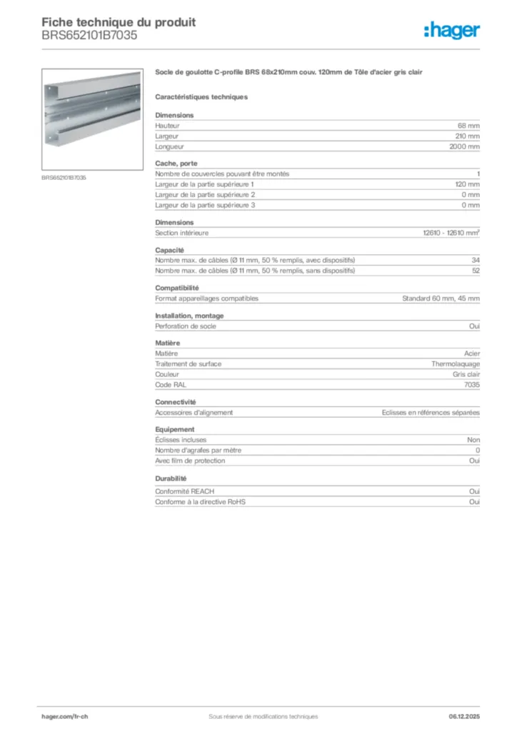 Image Hager Fiche technique du produit BRS652101B7035 | Hager Suisse