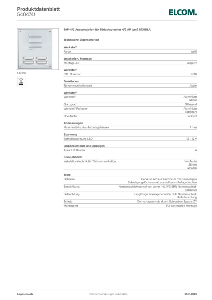 Bild Elcom Produktdatenblatt 5404741 | Hager Deutschland