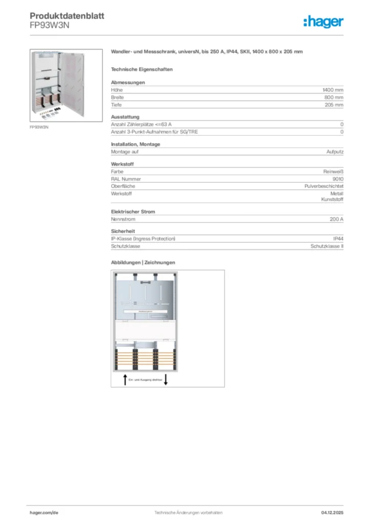 Bild Hager Produktdatenblatt FP93W3N | Hager Deutschland