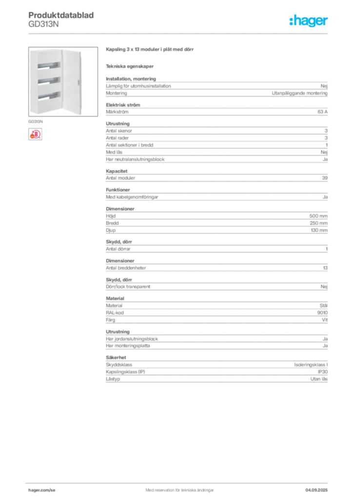 Bild Hager Produktdatablad GD313N | Hager Sverige