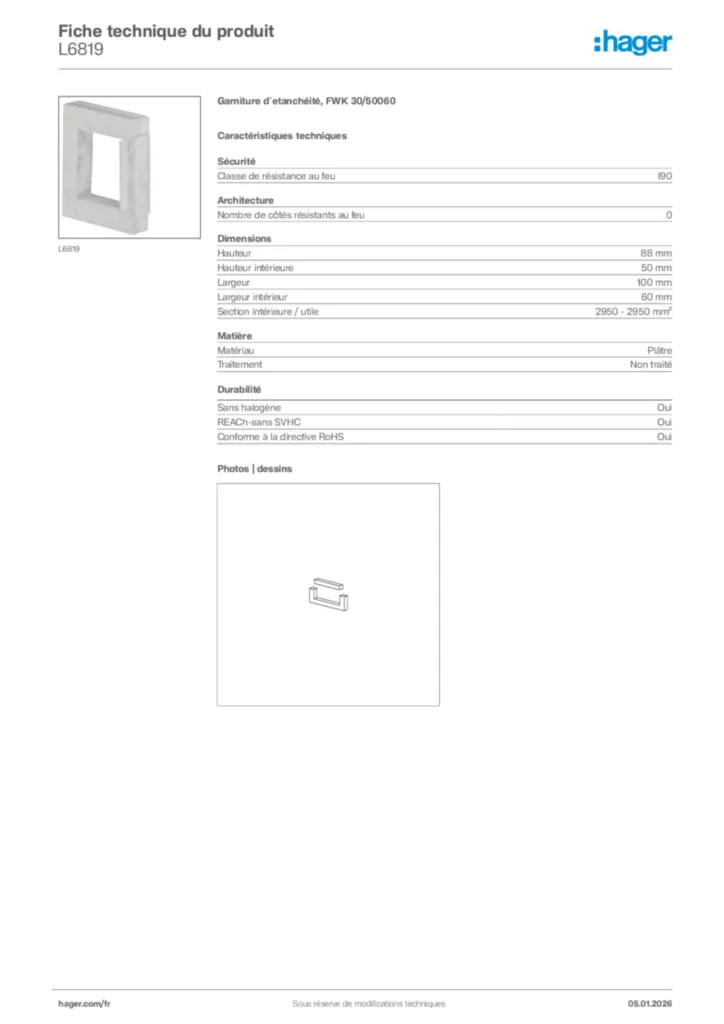 Image Hager Fiche technique du produit L6819 | Hager France