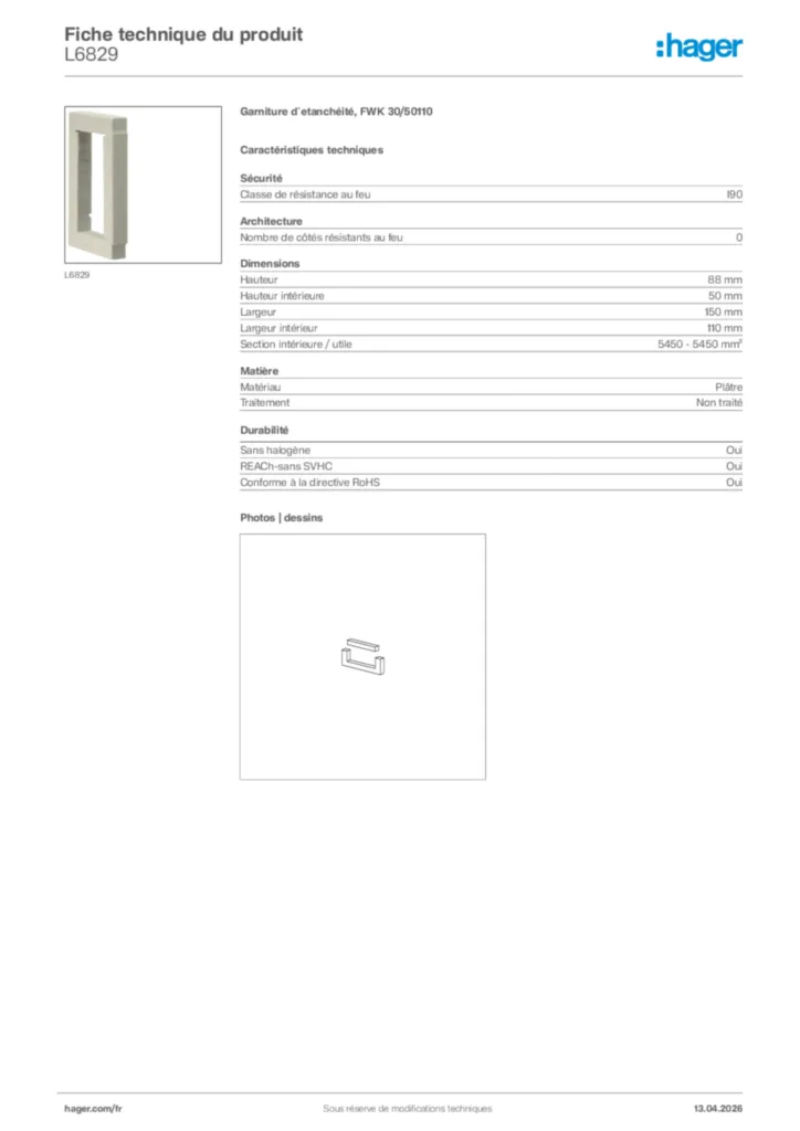 Image Hager Fiche technique du produit L6829 | Hager France