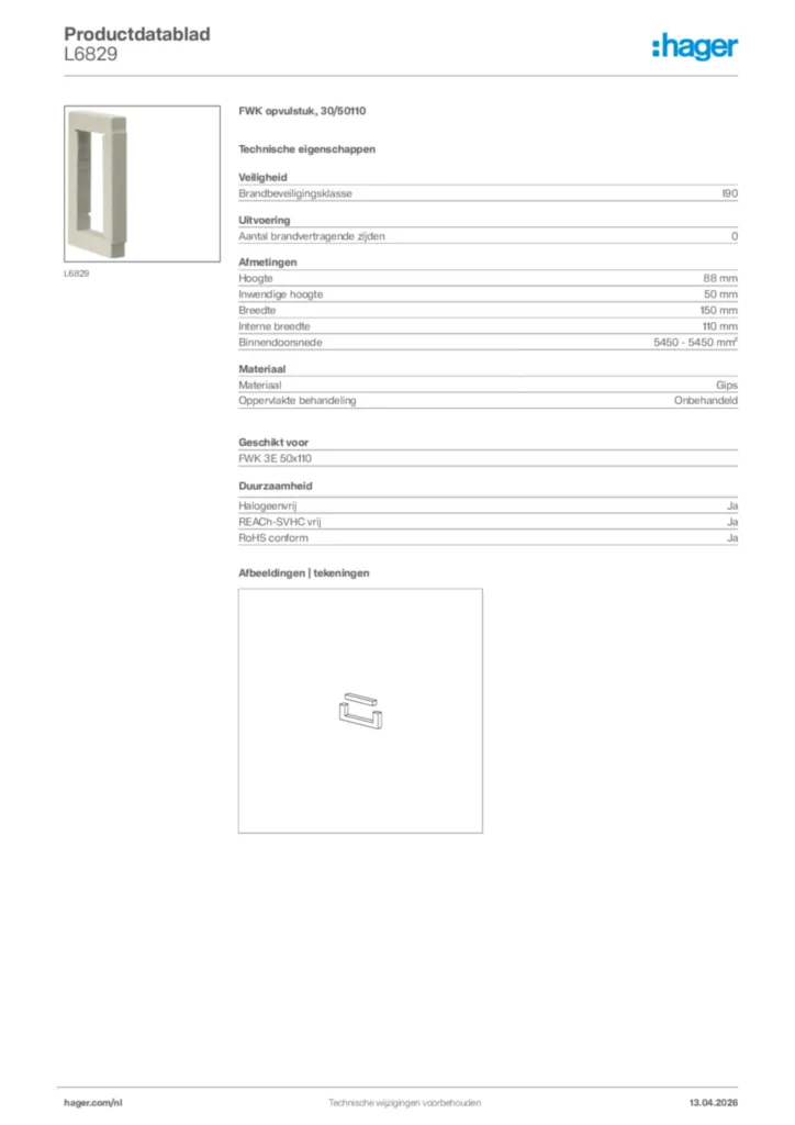 Afbeelding Hager Productdatablad L6829 | Hager Nederland