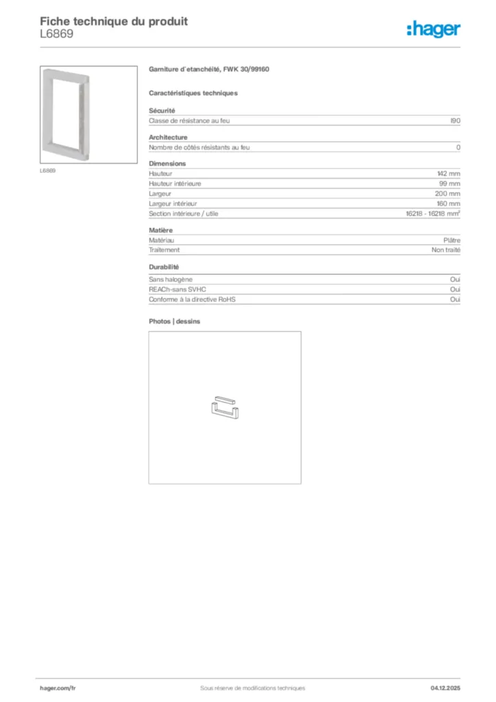 Image Hager Fiche technique du produit L6869 | Hager France