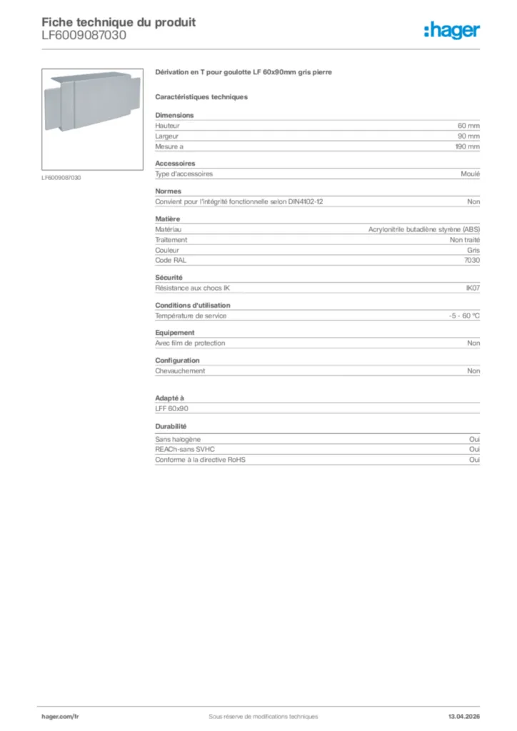 Image Hager Fiche technique du produit LF6009087030 | Hager France
