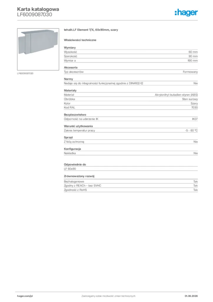 Zdjęcie Hager Karta katalogowa LF6009087030 | Hager Polska