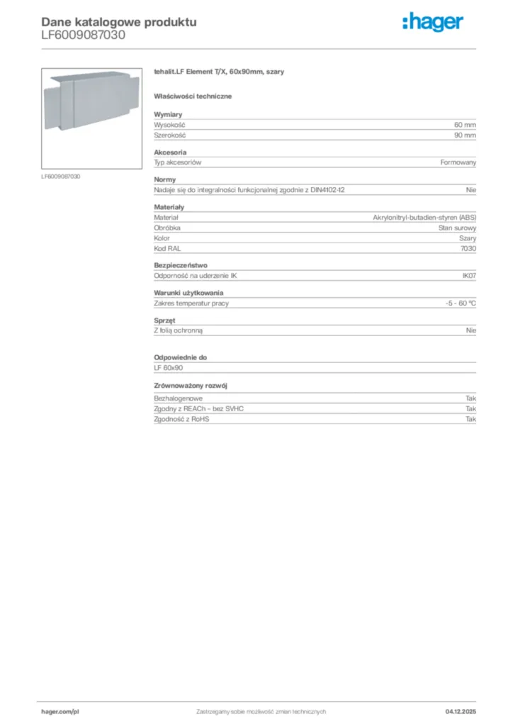 Zdjęcie Hager Dane katalogowe produktu LF6009087030 | Hager Polska