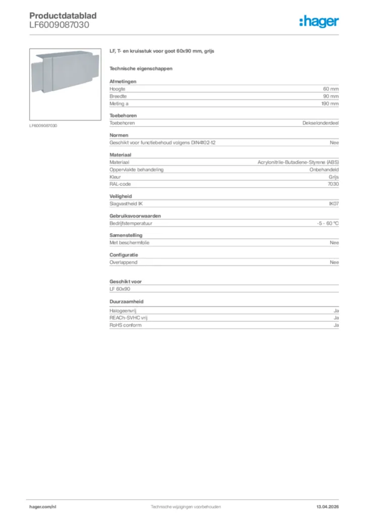 Afbeelding Hager Productdatablad LF6009087030 | Hager Nederland