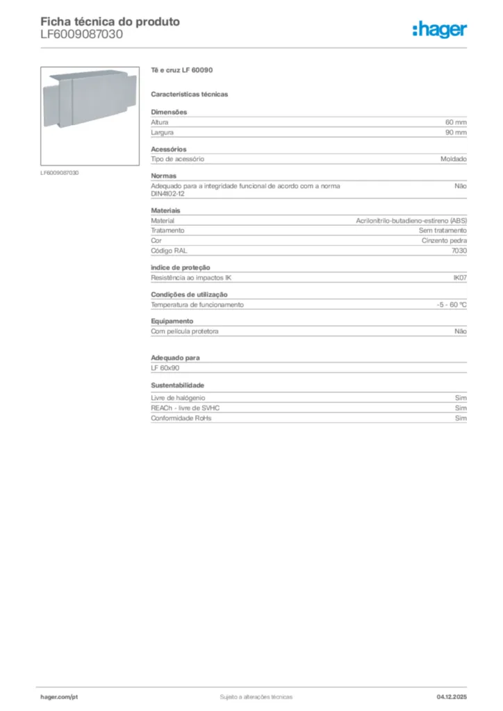 Imagem Hager Ficha técnica do produto LF6009087030 | Hager Portugal