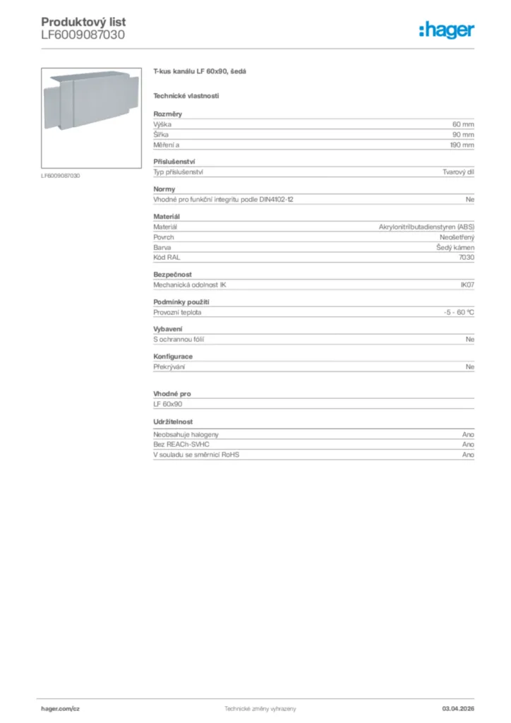 Obrázek Hager Product data sheet LF6009087030 | Hager