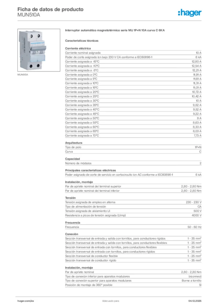 Imagen Hager Ficha de datos de producto MUN510A | Hager España