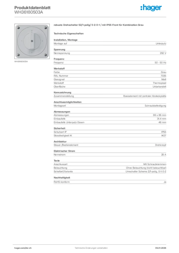 Bild Hager Produktdatenblatt WH36180503A | Hager Schweiz