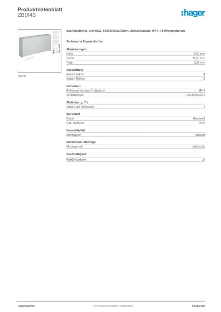 Hager Produktdatenblatt ZB014S