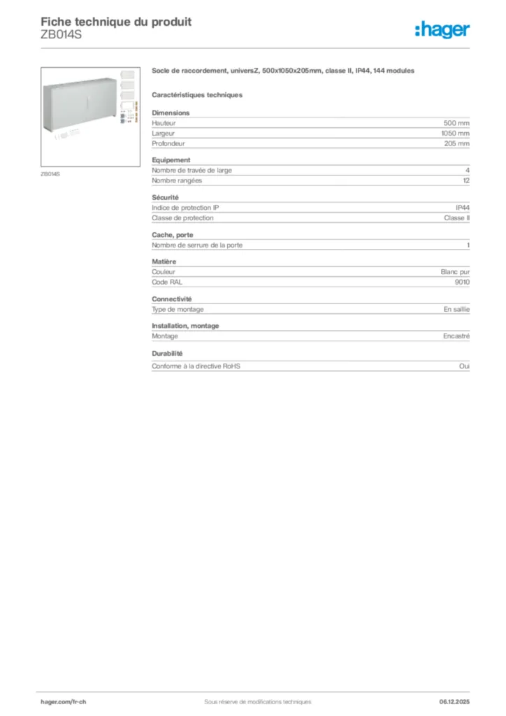 Image Hager Fiche technique du produit ZB014S | Hager Suisse