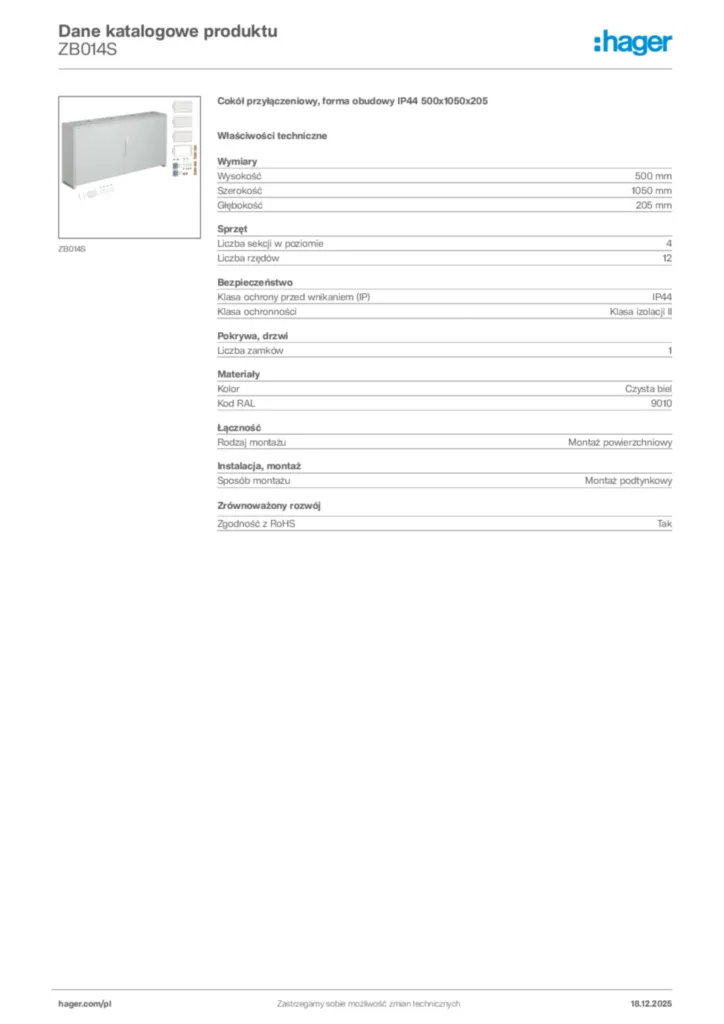 Zdjęcie Hager Karta katalogowa ZB014S | Hager Polska