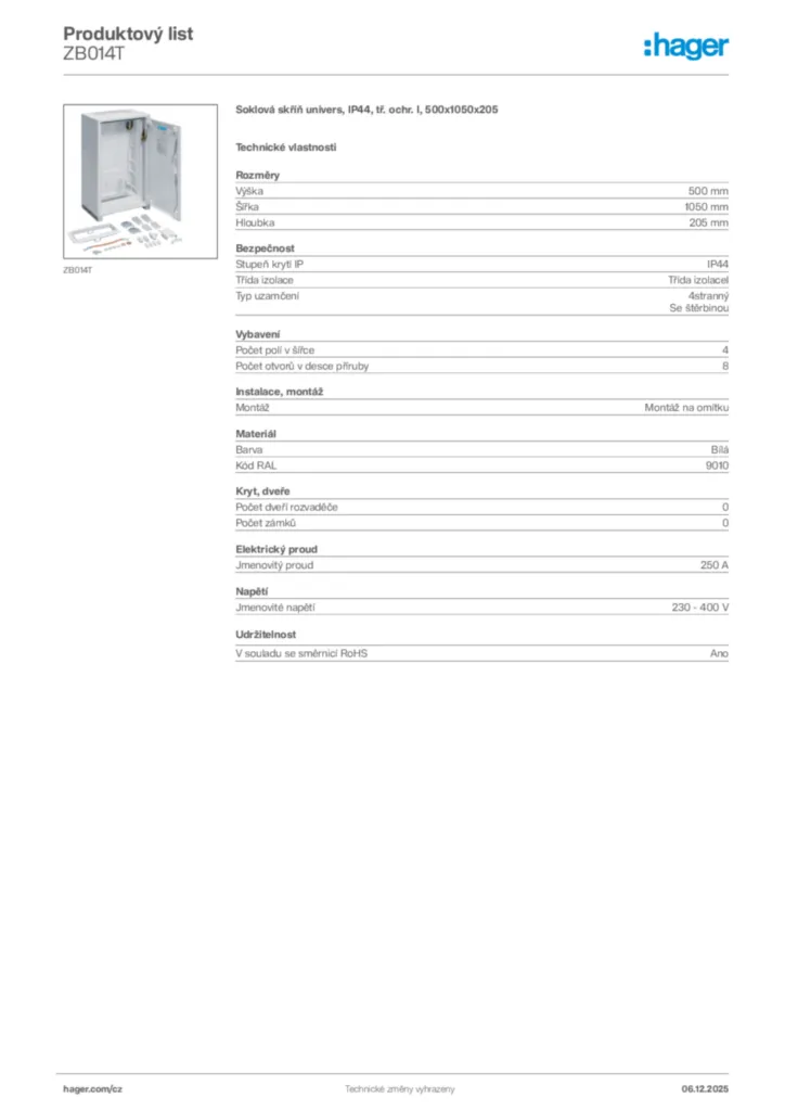 Obrázek Hager Produktový list ZB014T | Hager