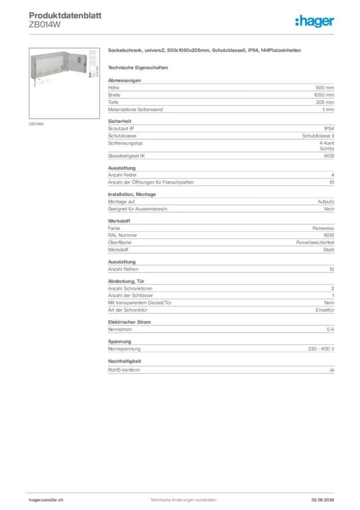 Bild Hager Produktdatenblatt ZB014W | Hager Schweiz