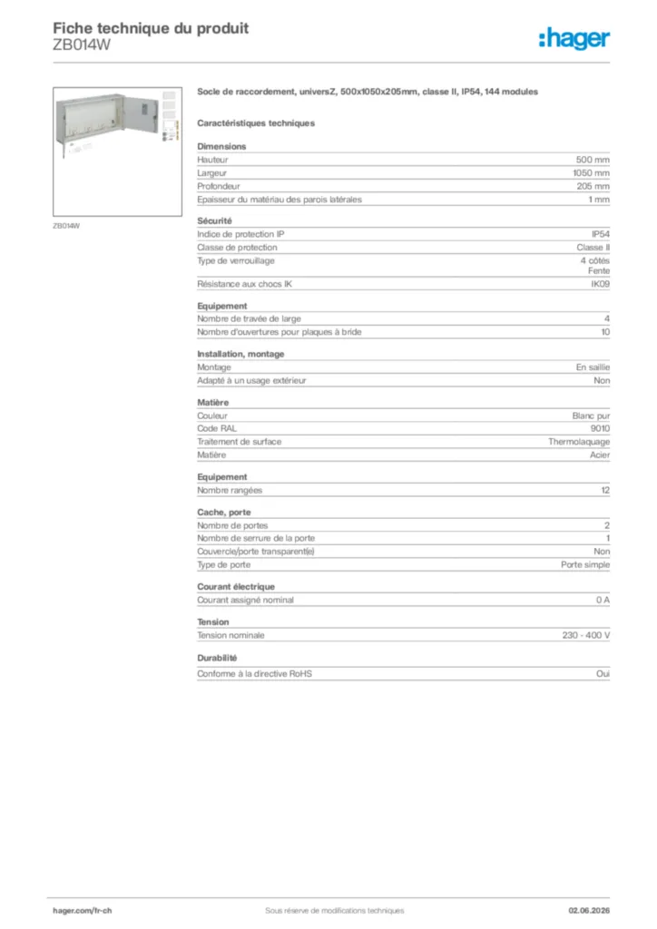 Image Hager Fiche technique du produit ZB014W | Hager Suisse
