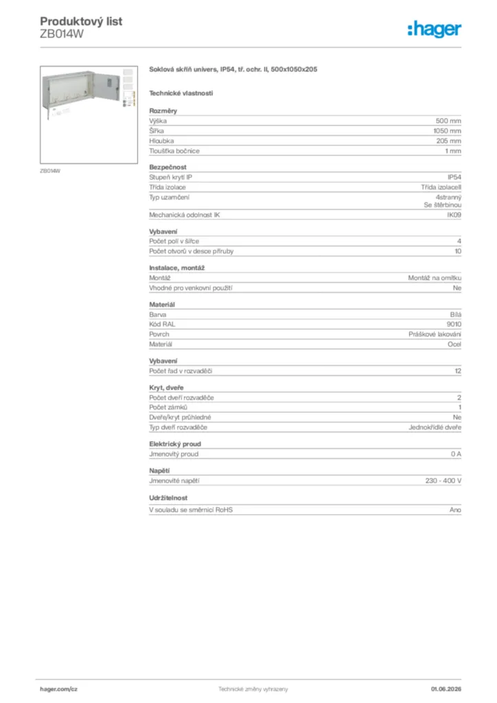 Obrázek Hager Generováno - Datový list produktu ZB014W | Hager