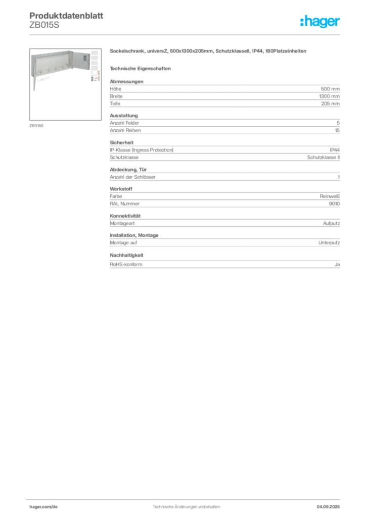 Bild Hager Produktdatenblatt ZB015S | Hager Deutschland